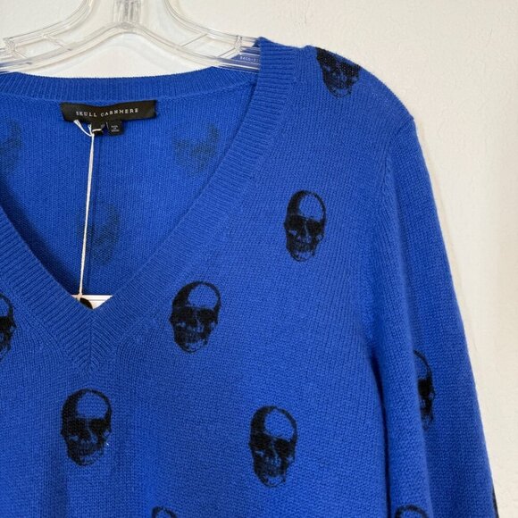Skull Cashmere Sweater Blue Black V-Neck Small READ - Picture 1 of 13